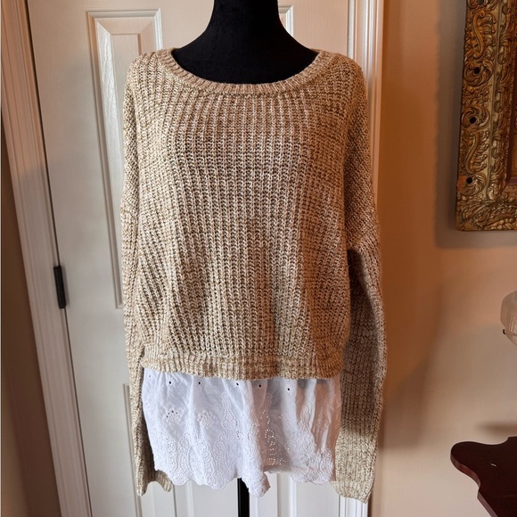 Altar'd State Beige Knit Sweater with white cotton eyelet hem - Picture 1 of 7